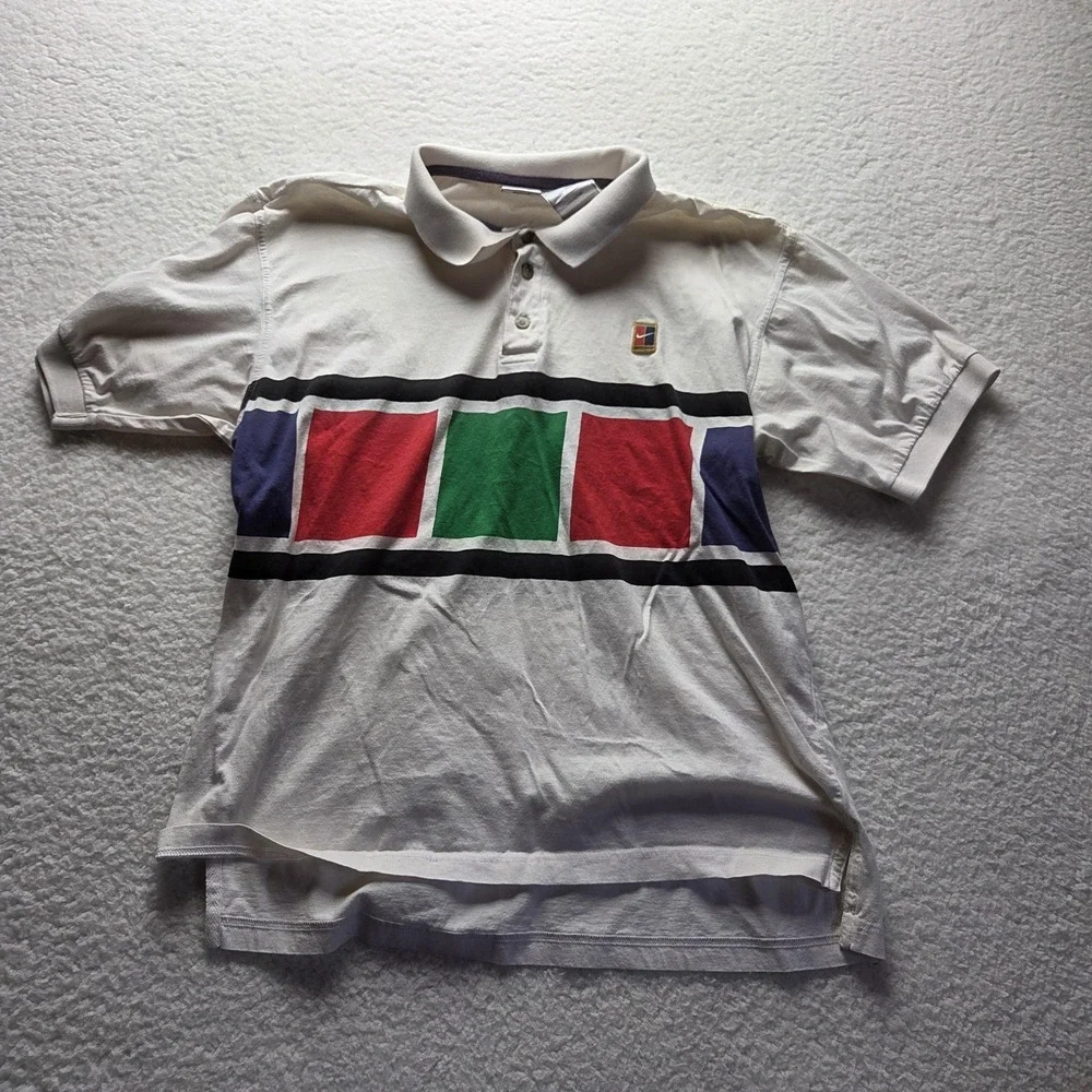 Vintage Nike Polo Shirt Mens M White Colorblock Graphic Cotton Knit Top